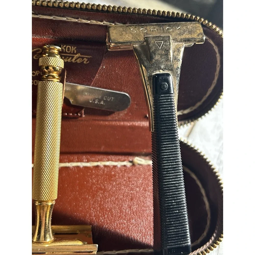Vintage Hickok Commuter Leather Zip W/3 Old Gillette‎ Schick Razors Top Cowhide